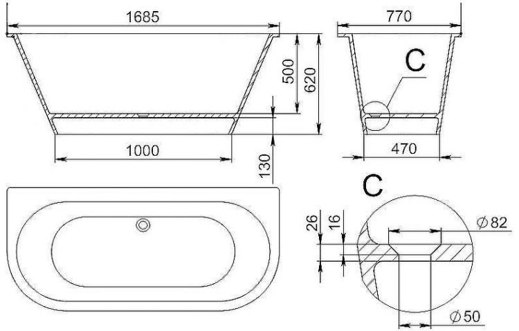 Ванна из искусственного камня Holbi Galatea 169x77 1.01.003.11.1 Белая матовая