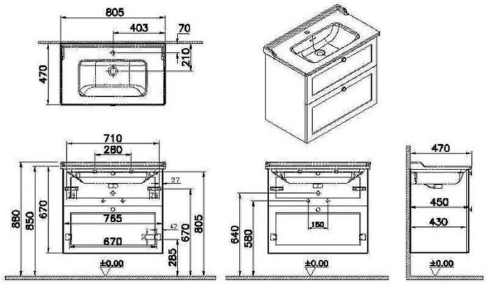 Тумба с раковиной Vitra Root Classic 80 68869 подвесная Белая матовая