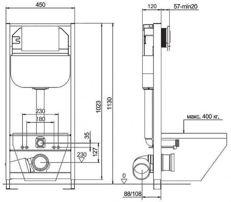 Инсталляция Aquanika Basic 10.702.450.00.00 для унитаза без клавиши смыва
