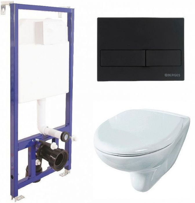 Комплект унитаза Rosa Элеганс Люкс Вн УнБ32 4620008195438 с инсталляцией Berges Novum L5 040215 с сиденьем Микролифт и Черной матовой клавишей смыва