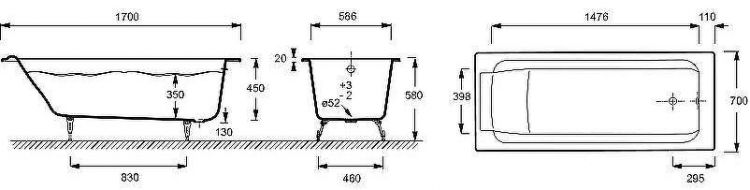 Чугунная ванна Jacob Delafon Parallel 170x70 E2947-00 с антискользящим покрытием