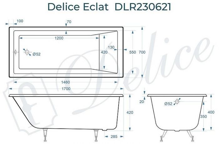 Чугунная ванна Delice Eclat 170х70 DLR230621 без отверстий под ручки и антискользящего покрытия