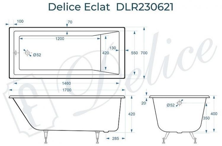 Чугунная ванна Delice Eclat 170х70 DLR230621 без отверстий под ручки и антискользящего покрытия