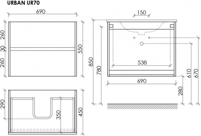 Тумба подвесная SANCOS под раковину Urban, белый глянец 690х450х550, UR70W