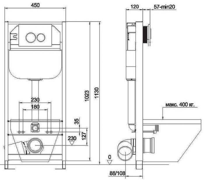 Инсталляция Aquanika Basic 10.702.450.02.05W для унитаза с Белой клавишей смыва