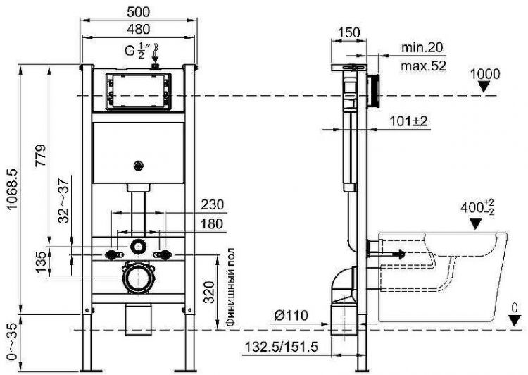 Инсталляция Olive's M48010 для унитаза без клавиши смыва Инсталляция Olive's M48010 для унитаза без клавиши смыва