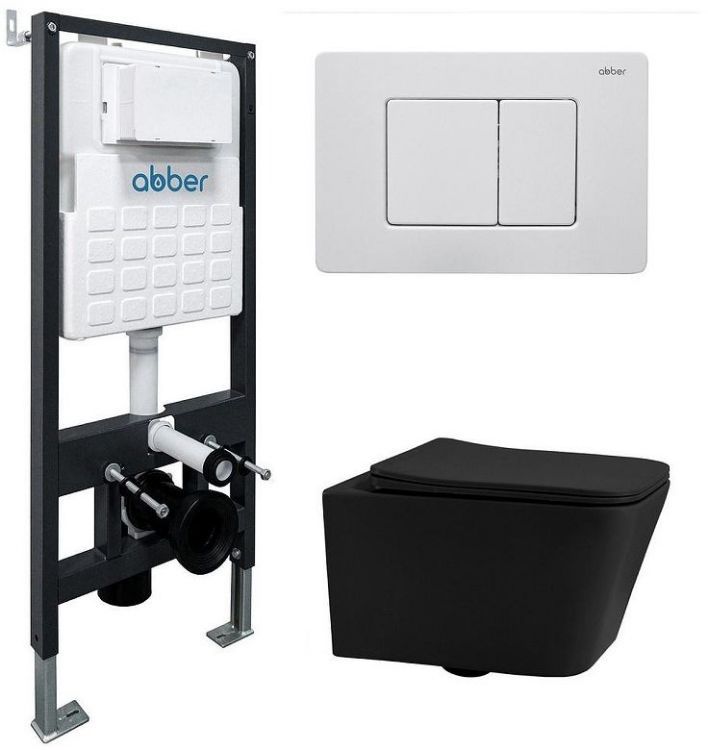 Комплект унитаза Abber Rechteck AC1201MB-AC0105-AC0120MW с сиденьем Микролифт и клавишей смыва цвет Белая матовая