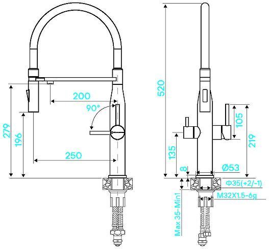 Смеситель для кухни KUCHENSTERN ELIT-FE 407SS40 цвет Нержавеющая сталь