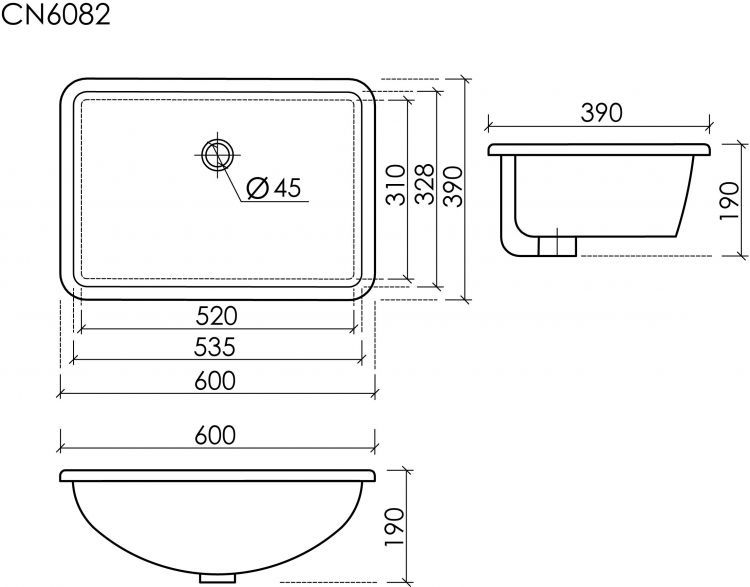 Раковина встраиваемая снизу CERAMICANOVA Era прямоугольной формы с отверстием слива- перелива CN6082