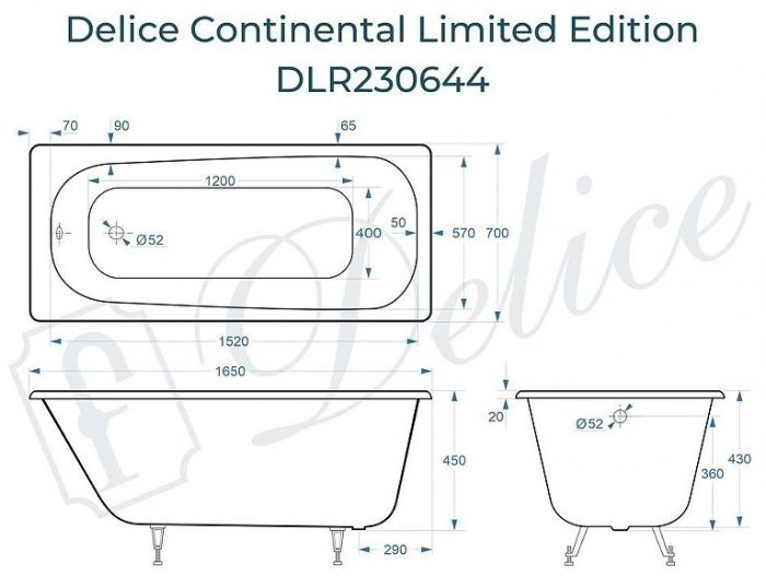 Чугунная ванна Delice Continental Limited Edition 165х70 DLR230644 без отверстий под ручки и антискользящего покрытия