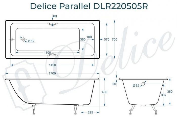 Чугунная ванна Delice Parallel 170х70 DLR220505RB с черными матовыми ручками без антискользящего покрытия