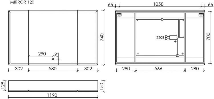 Зеркальный шкаф SANCOS Mirror 1190x150х740 мм, с LED подсветкой, MI120ECH