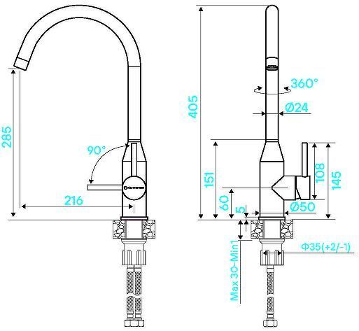 Смеситель для кухни KUCHENSTERN TIDA 408SS40 цвет Нержавеющая сталь