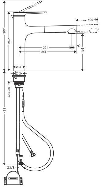 Hansgrohe Zesis M33 Смеситель для кухни, 1 отв., с вытяжным душем, sBox lite, цвет: хром