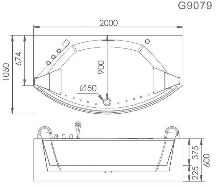 Акриловая ванна Gemy G9079 200х105 с гидромассажем