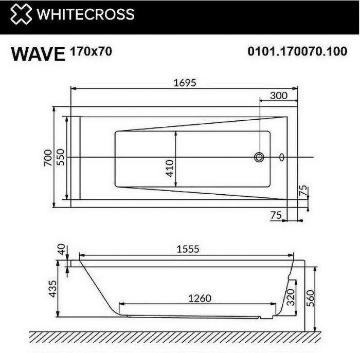 Акриловая ванна Whitecross Wave 170x75 0101.170075.100.LINENANO.CR с гидромассажем