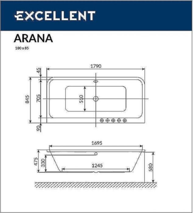 Акриловая ванна Excellent Arana 180x85 WAEX.ARA18.ULTRA.GL с гидромассажем