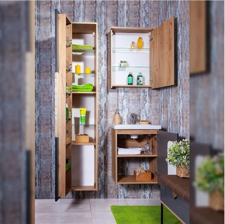 Зеркальный шкаф Бриклаер Форест 50 4627125414701 с подсветкой Дуб золотой Антрацит