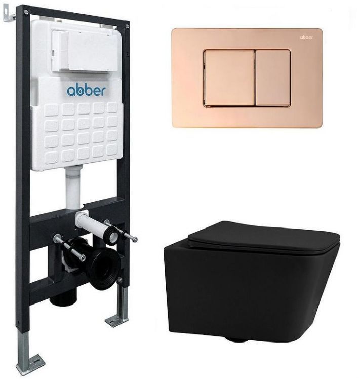 Комплект унитаза Abber Rechteck AC1201MB-AC0105-AC0120RG с сиденьем Микролифт и клавишей смыва цвет Золото розовое
