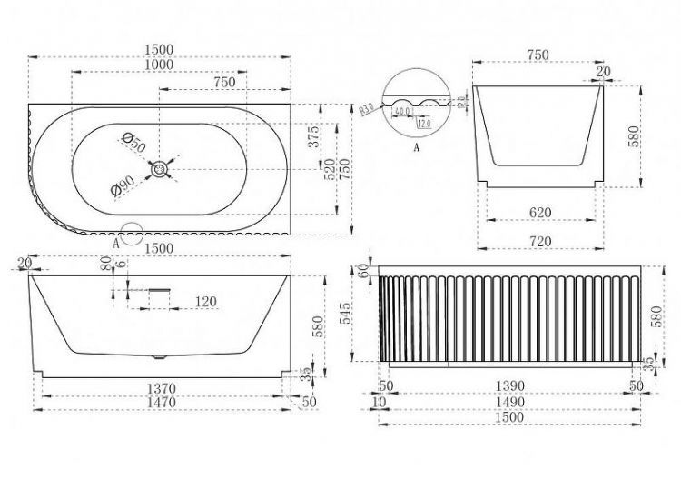 Акриловая ванна Abber 150х75 AB9412-1.5 R без гидромассажа