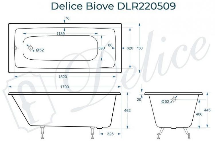 Чугунная ванна Delice Biove 170х75 DLR220509 без отверстий под ручки и антискользящего покрытия
