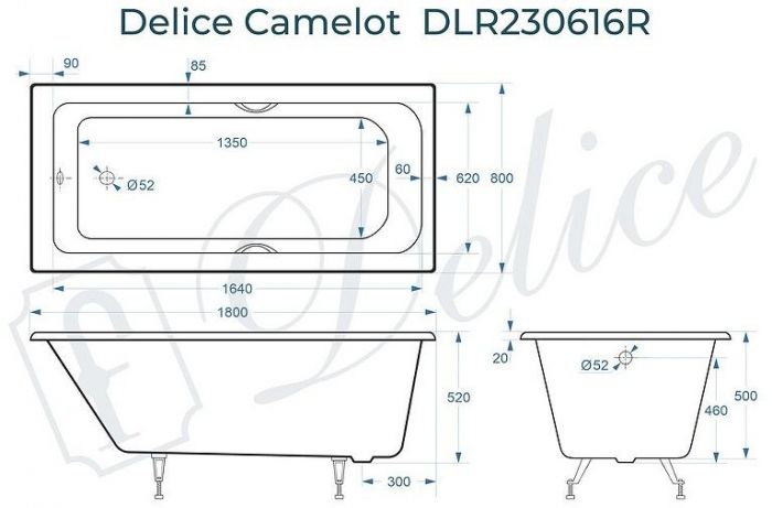 Чугунная ванна Delice Camelot 180х80 DLR230616R с отверстиями под ручки без антискользящего покрытия