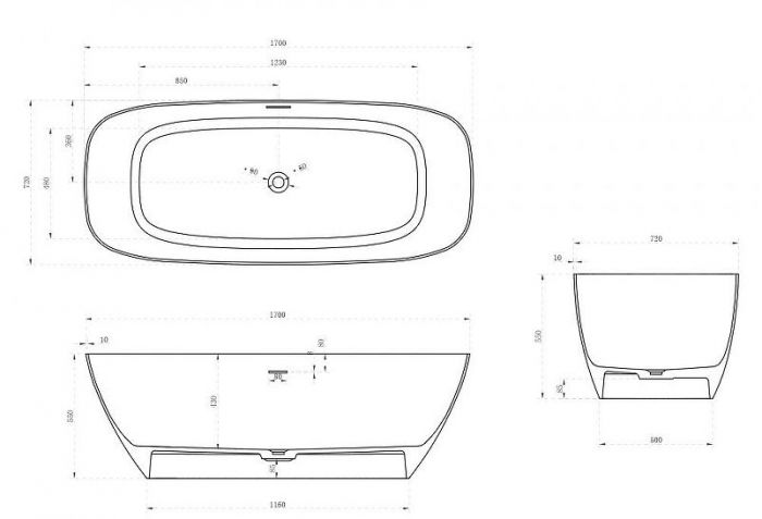 Ванна из искусственного камня Abber Stein 170x72 AS9612-1.7 без гидромассажа