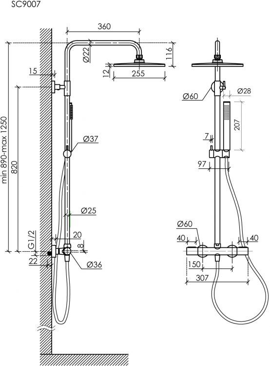 Душевая система с термостатом SANCOS Etna, вороненая сталь, SC9007GG Душевая система с термостатом SANCOS Etna, вороненая сталь, SC9007GG