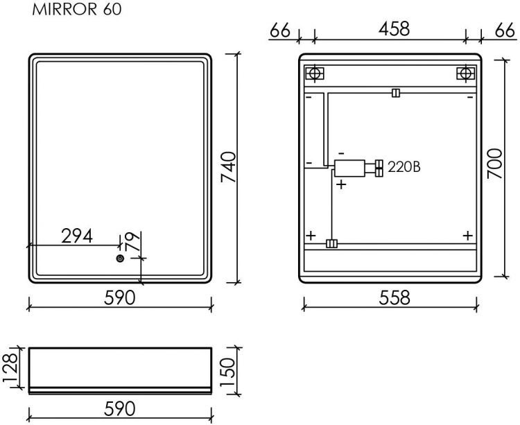 Зеркальный шкаф SANCOS Mirror 590x150х740 мм, с LED подсветкой, MI60EG