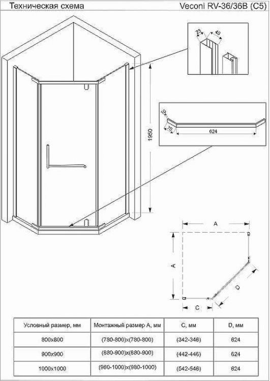 Душевой уголок Veconi Rovigo RV-36B 100x100 RV36B-100-01-C5 профиль Черный матовый стекло прозрачное