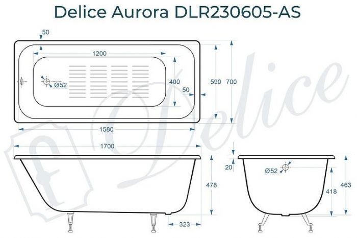 Чугунная ванна Delice Aurora 170х70 DLR230605-AS без отверстий под ручки с антискользящим покрытием