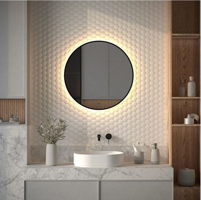 Зеркало Defesto Aura 70х70 DF 2994R с подсветкой 18W-3000K/ИК - выключатель/Теплый белый свет/Черная рама