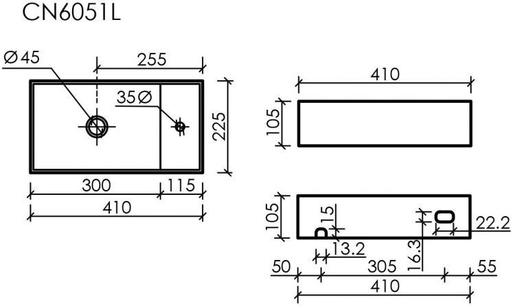 Умывальник CERAMICANOVA Element подвесной прямоугольный (чаша слева, отверстие под смеситель справа) CN6051L