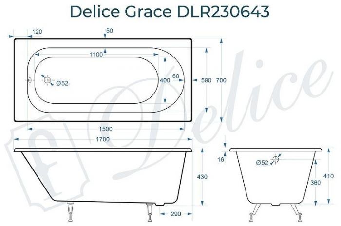 Чугунная ванна Delice Grace 170х70 DLR230643 без отверстий под ручки и антискользящего покрытия
