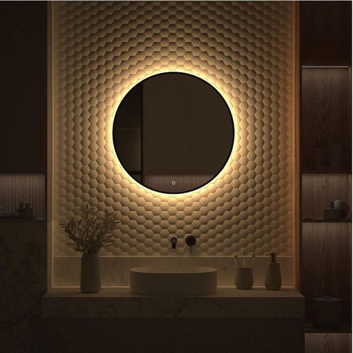 Зеркало Defesto Aura 70х70 DF 2994S с подсветкой 18W-3000K/Сенсорный выключатель/Теплый белый свет/Черная рама