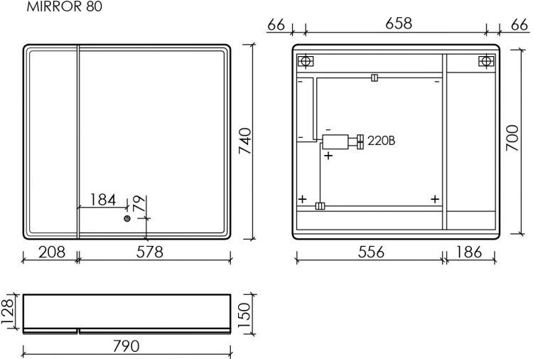 Зеркальный шкаф SANCOS Mirror 790x150х740 мм, с LED подсветкой, MI80EG