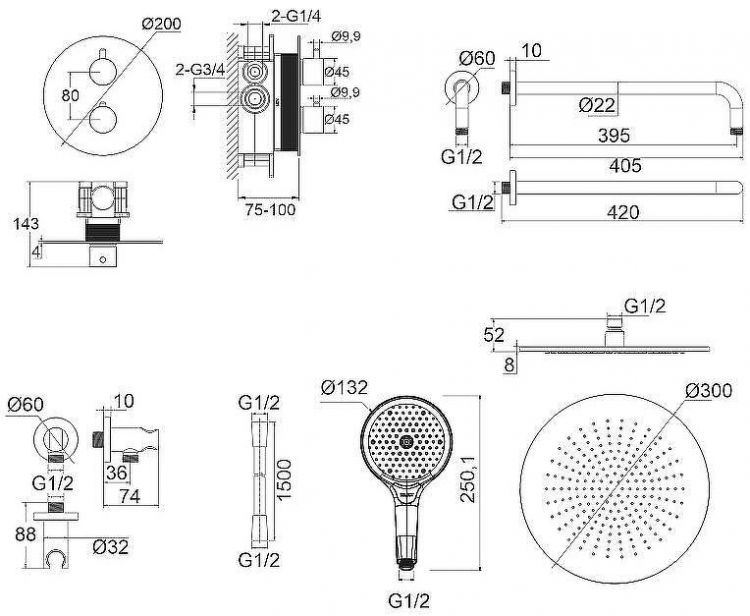 Душевая система Whitecross Y black YSET08TOPBL с термостатом Черная матовая
