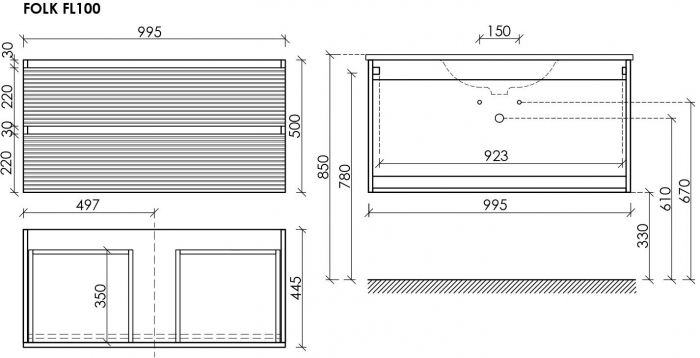Тумба подвесная SANCOS под раковину Folk, Ergraut soft 995х445х500, FL100ES