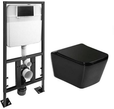 Комплект унитаза с инсталляцией SantiLine SL-5004MB+SL-04 с сиденьем Микролифт и Черной матовой клавишей смыва
