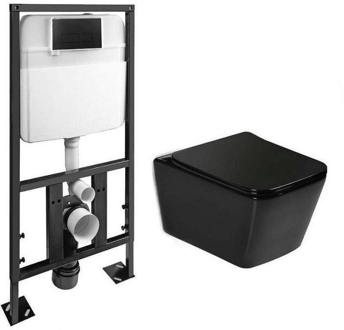Комплект унитаза с инсталляцией SantiLine SL-5004MB+SL-04 с сиденьем Микролифт и Черной матовой клавишей смыва