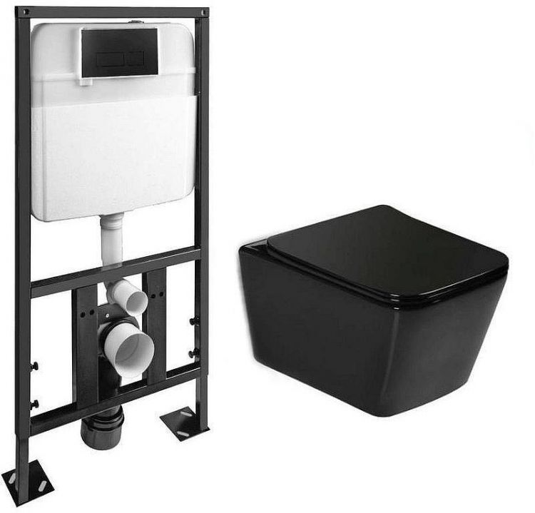 Комплект унитаза с инсталляцией SantiLine SL-5004MB+SL-04 с сиденьем Микролифт и Черной матовой клавишей смыва