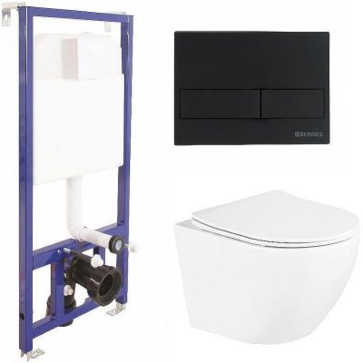 Комплект унитаза BelBagno Uno BB3105CHR/SC с инсталляцией Berges Novum L5 040215 с сиденьем Микролифт и Черной матовой клавишей смыва