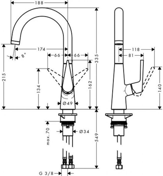 Hansgrohe Talis M51 Смеситель для кухни, на 1 отв однорычажный, поворотный излив 174мм, 1jet, h215мм, цвет: нержавейка
