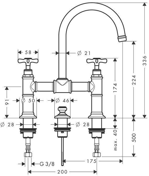 Axor Montreux, Смеситель для раковины 220,с двумя рукоятками, с донным клапаном, цвет: хром
