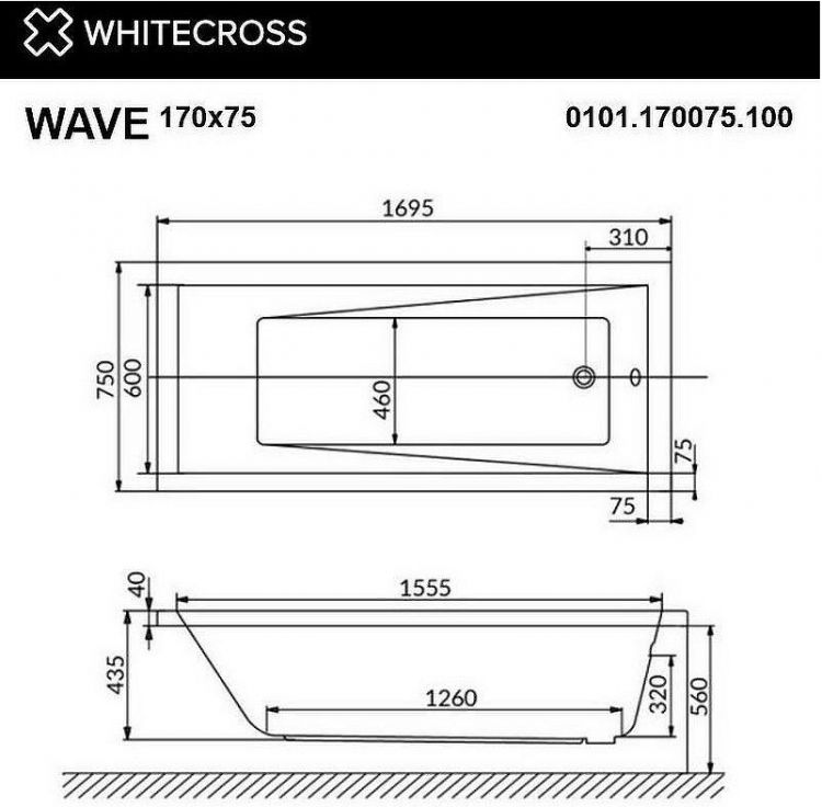 Акриловая ванна Whitecross Wave 170x75 0101.170075.100.RELAX.GL с гидромассажем