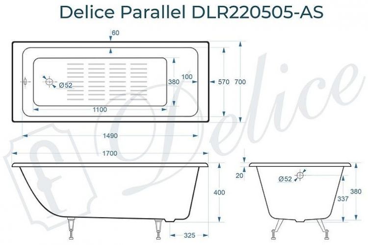 Чугунная ванна Delice Parallel 170х70 DLR220505-AS без отверстий под ручки с антискользящим покрытием