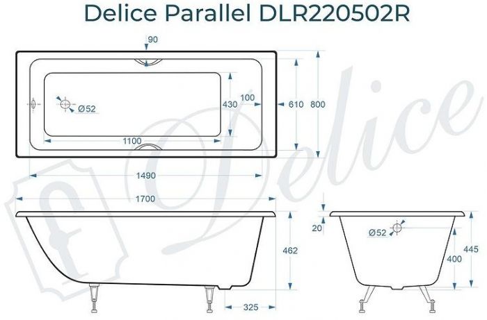 Чугунная ванна Delice Parallel 170х80 DLR220502R с ручками без антискользящего покрытия