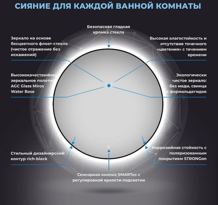 Зеркало Wellsee 7 Rays' Spectrum 80 172200150 с подсветкой цвет Черный матовый с сенсорным выключателем
