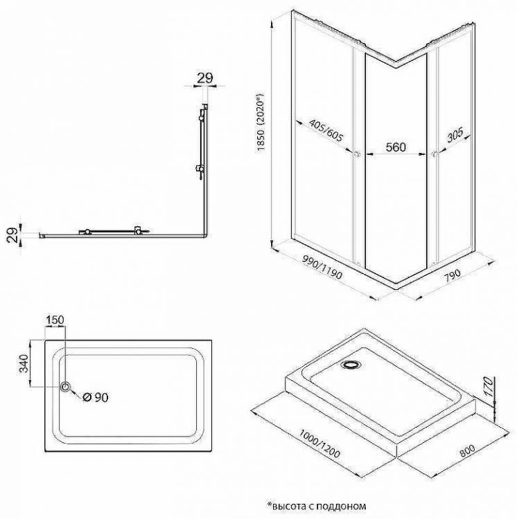 Душевой уголок Triton Вента-Блэк 120х80 Щ0000054464 профиль Черный стекло прозрачное