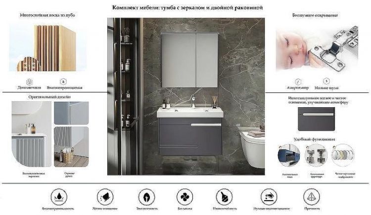 Комплект мебели для ванной Ceruttispa Oglio 70 10029 подвесной Темно-серый Комплект мебели для ванной Ceruttispa Oglio 70 10029 подвесной Темно-серый